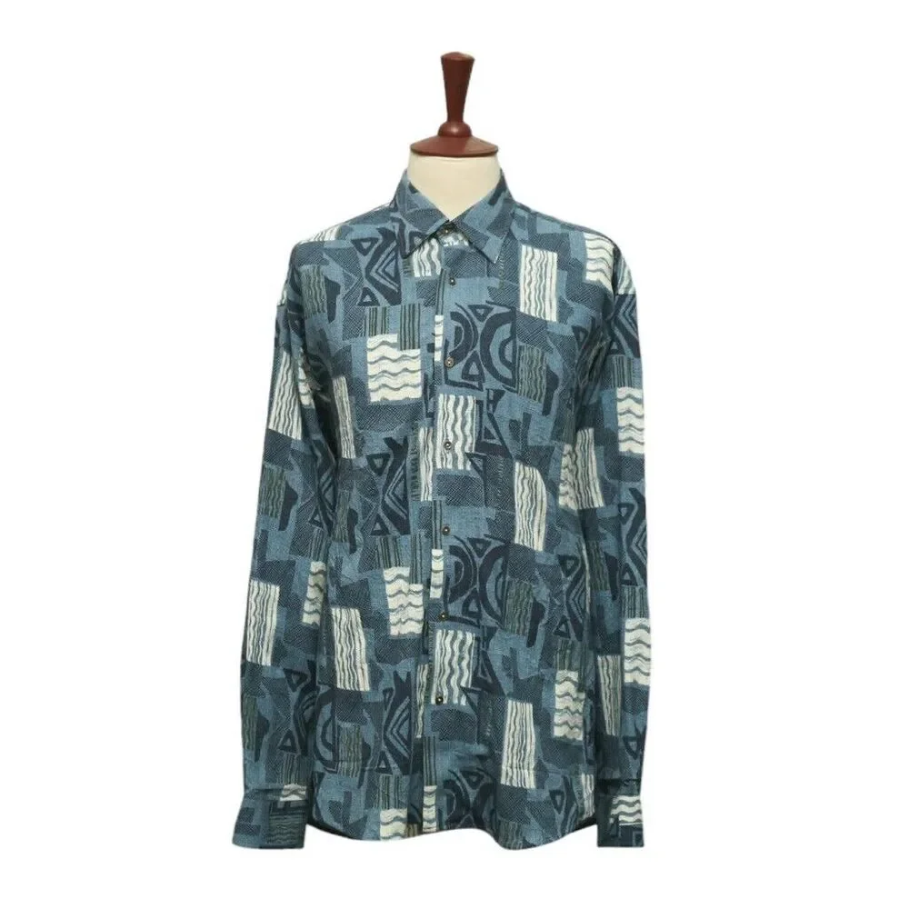 Mens Shirt Button Up Blue White Abstract Navajo Aztec Ethnic Tribal Casual XL - Picture 1 of 6